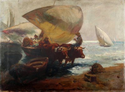 Beach Scene with Figures and Bulls by Joaquín Sorolla